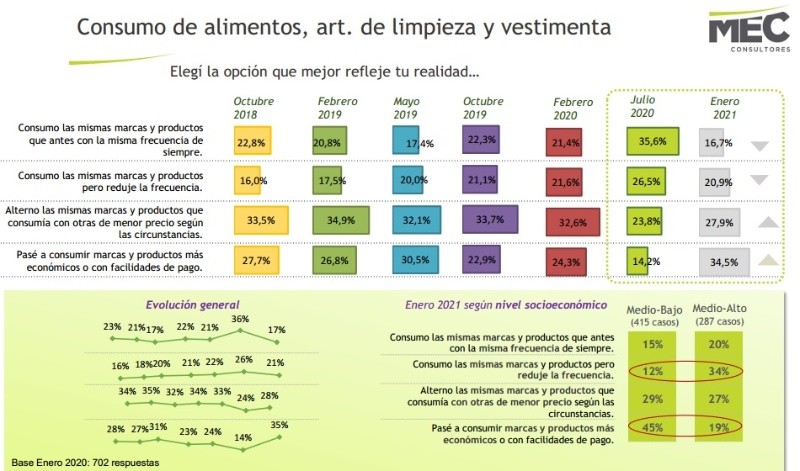 Consumo de alimentos, artículos de limpieza y vestimenta en Región Centro enero 2021 (Mec)