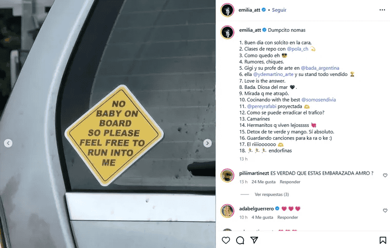 &nbsp;El posteo de Emilia Attias en su cuenta de Instagram. 