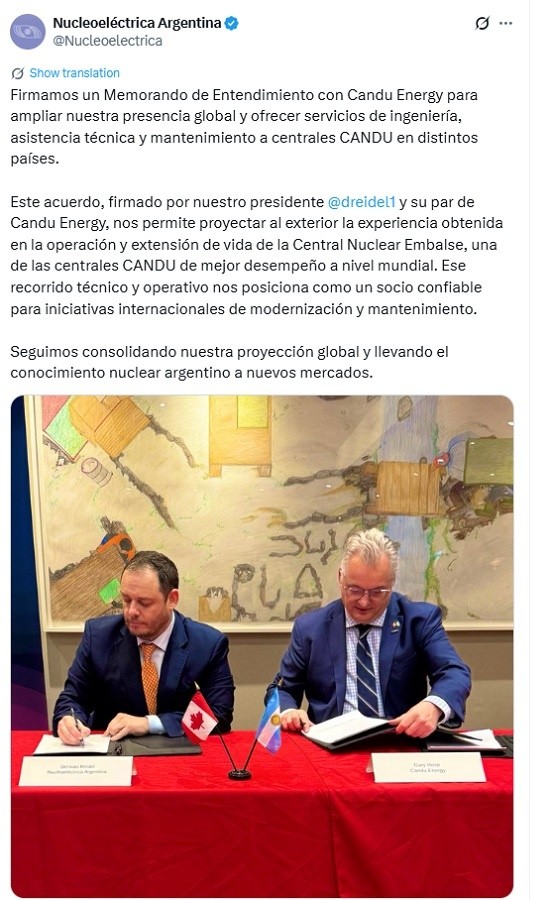  El posteo con el que se anunció la firma del memorando entre Nucleoeléctrica y Candu Energy.