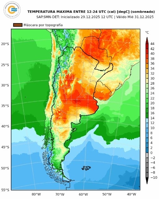 &nbsp;En la franja central del país se registrarán temperaturas de hasta 42° C durante el miércoles 31. (SMN)