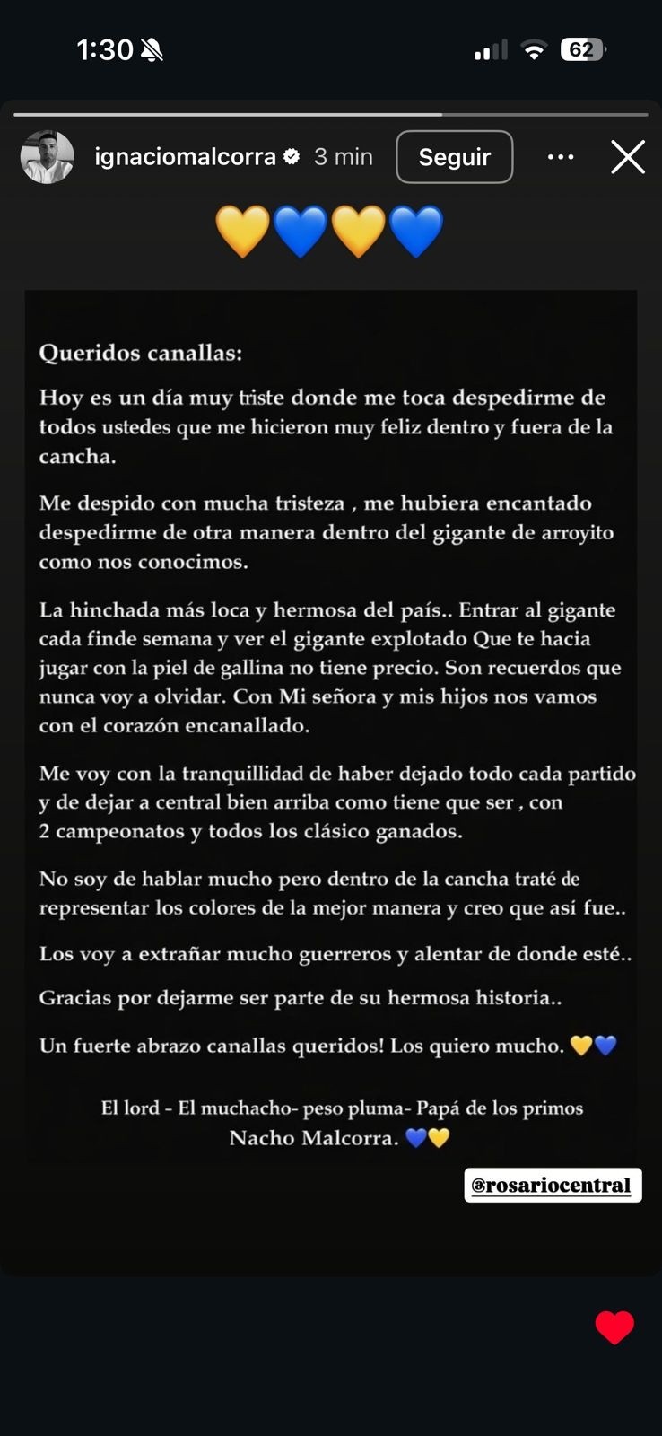 &nbsp;El posteo de Ignacio Malcorra via Instagram. 