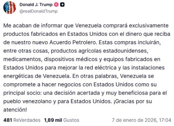 &nbsp;La publicación de Trump en Truth Social.