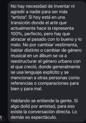 &nbsp;Parte del descargo del artista en Instagram.