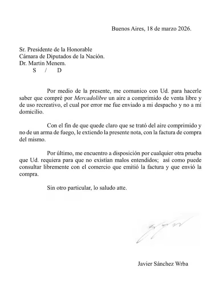 La carta de Sánchez Wrba a Menem.&nbsp;