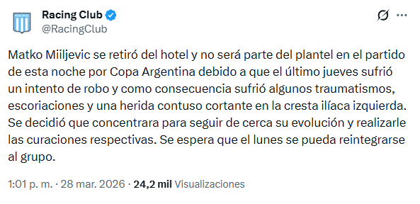 &nbsp;El posteo de Racing. 