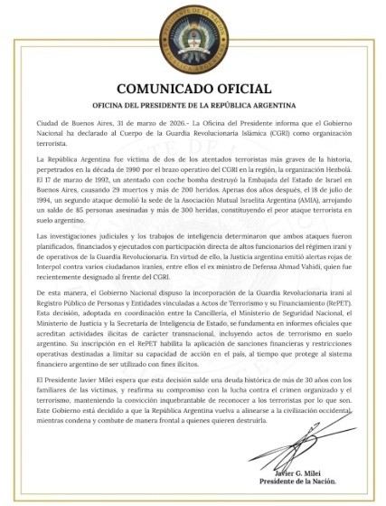 &nbsp;El comunicado que fue publicado por la Oficina del Presidente Javier Milei.