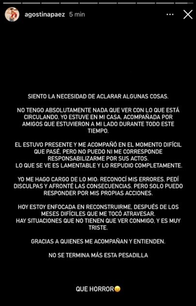 &nbsp;La publicación de Agostina Páez tras la viralización del video en el que su padre imitó los gestos por los que la detuvieron en Brasil.