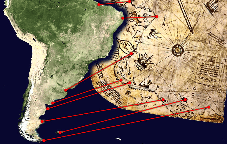 El mapa de Piri Reis y la comparación con el continente como lo conocemos hoy (Fuente: “Malvinas en Imágenes”).&nbsp;