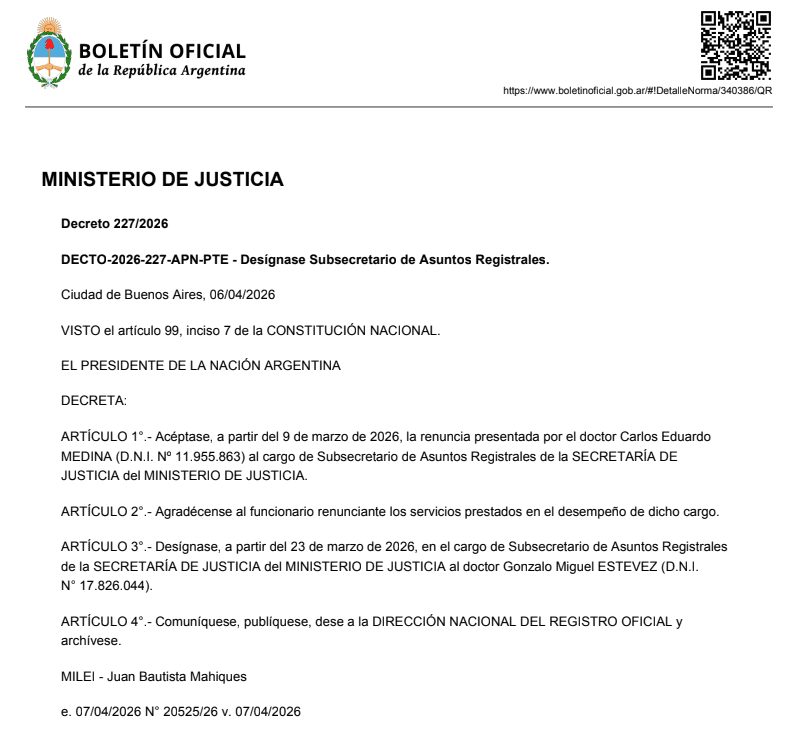 La designación de Estévez publicada en el Boletín Oficial.