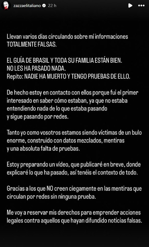 El descargo de Zazza publicado el viernes.