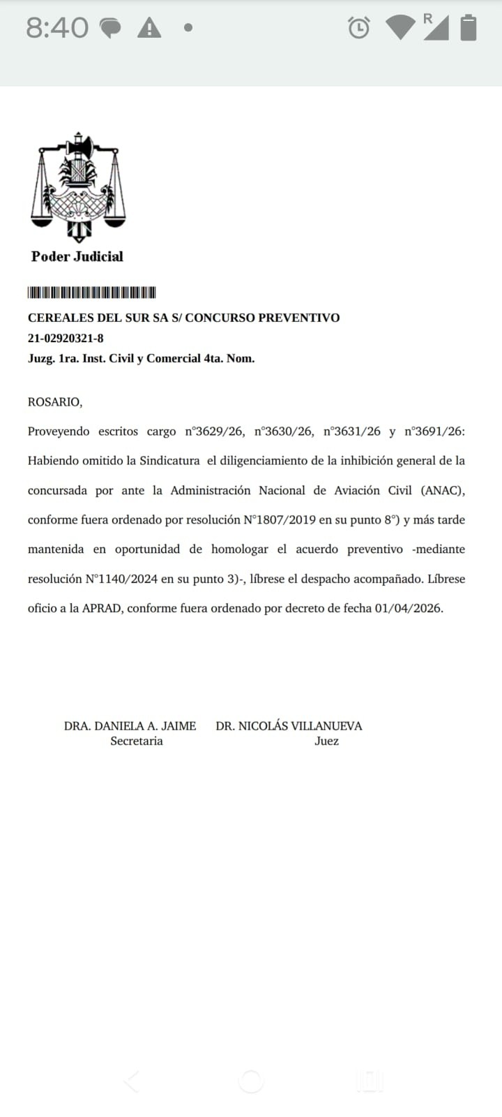 &nbsp;La resolución del juez civil y comercial.
