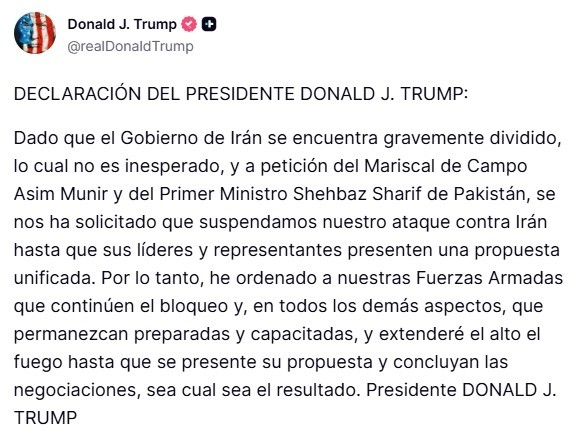 El mensaje de Trump en Truth.&nbsp;
