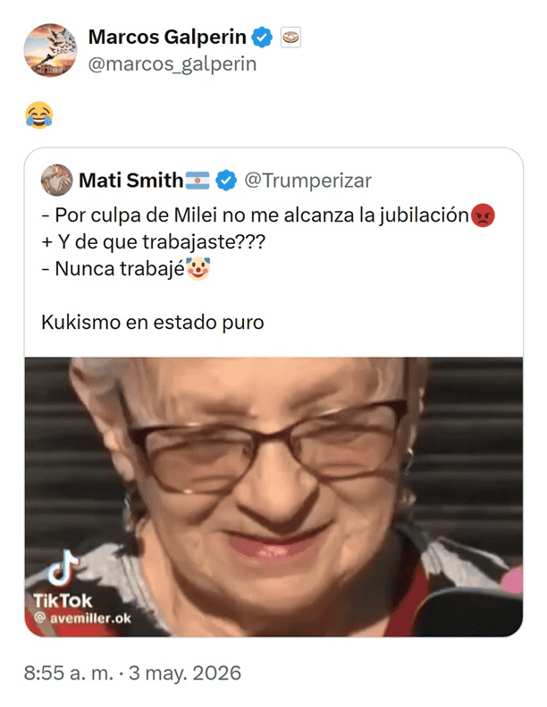 La reacción risueña de Galperin al video de la jubilada.