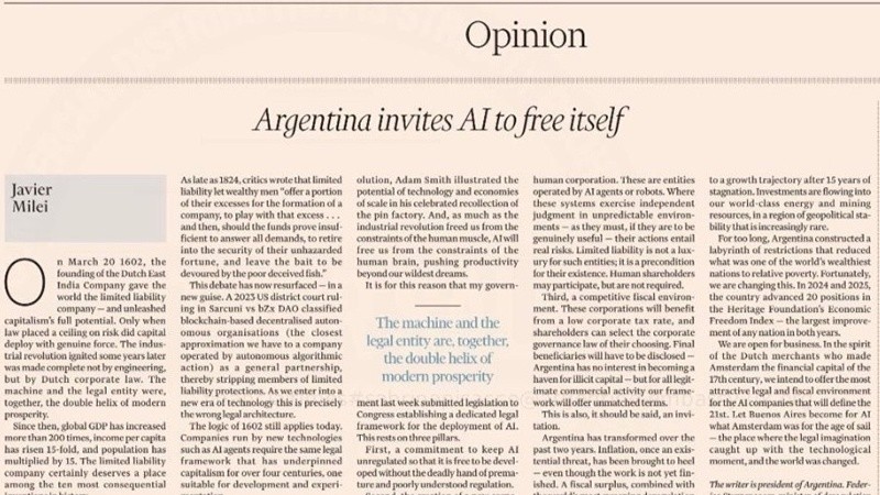 La columna de Milei en el Financial Times abrió un debate global sobre la IA&nbsp;