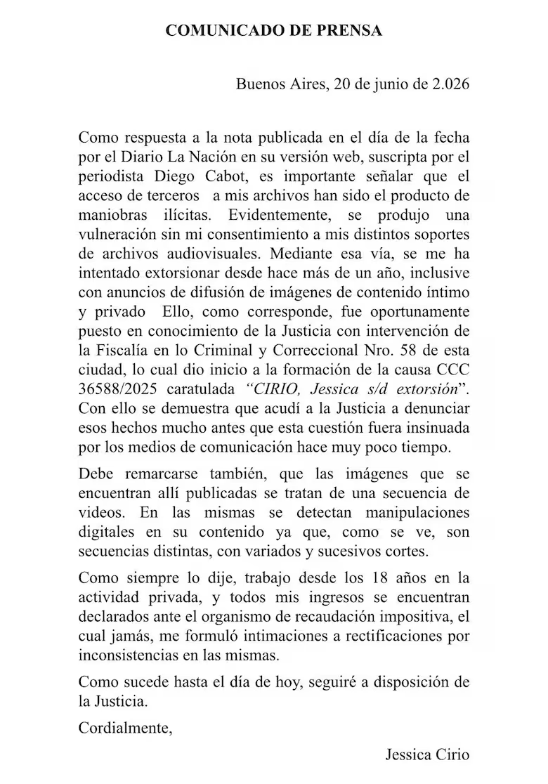 &nbsp;El comunicado de Jesica Cirio.