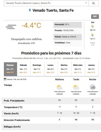 Venado Tuerto ingresó al ranking de las diez ciudades más frías de la Argentina, según el SMN.&nbsp;