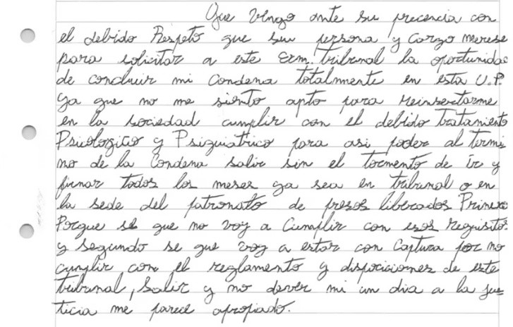 &nbsp;Fragmento de la carta que Augusto Pacicco presentó ante el TOF N° 3 de Córdoba para que no le concedan la libertad.