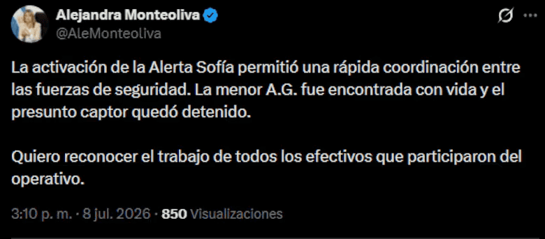 El tuit de la ministra de Seguridad Alejandra Monteoliva.&nbsp;