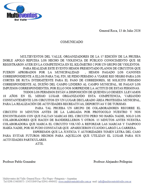 El comunicado que difundieron desde la organización de la carrera tras el ataque de los jinetes.&nbsp;
