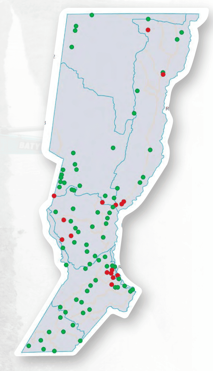 &nbsp;El mapa de localidades con riesgo hídrico en la provincia.