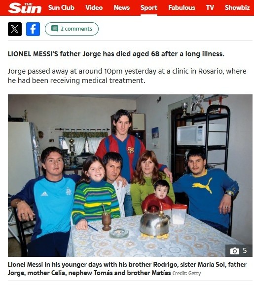 Con foto familiar. Así reflejó el deceso de Jorge Messi el británico The Sun.