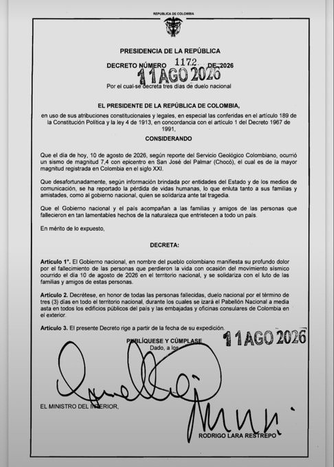 El decreto comunicando los tres días de duelo.&nbsp;
