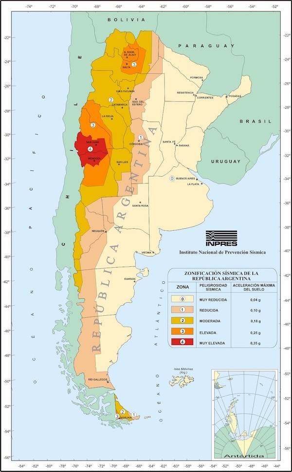 El mapa de riesgo sísmico con el que el INPRES rige las construcciones sismoresistentes.