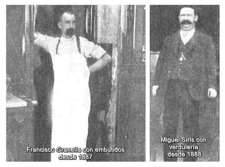 Francisco Granella, dedicado a los embutidos desde 1887, y Miguel Siris, vinculado a la venta de verduras desde 1888. (archivo de Eduardo Guida Bria)