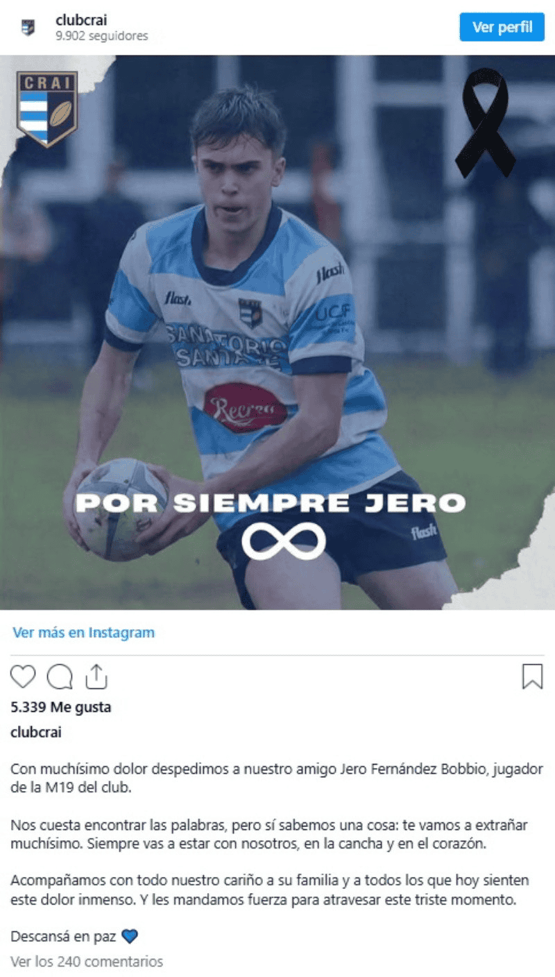 El joven rugbier santafesino falleció a los 18 años tras una cirugía programada de clavícula en el Hospital Italiano de Rosario.&nbsp;
