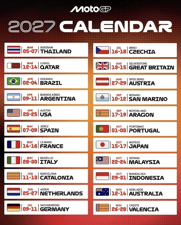 &nbsp;El calendario de la temporada 2027 del MotoGP.