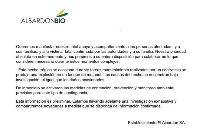 El comunicado de la empresa tras la explosión en Puerto San Martín.