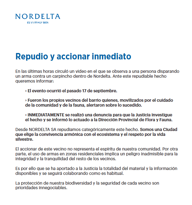 &nbsp;El comunicado de Nordelta.