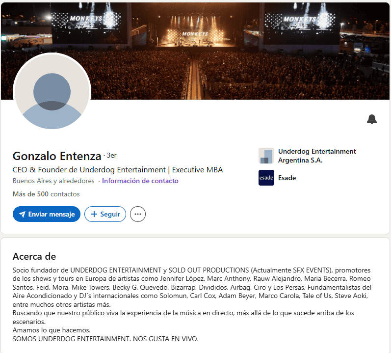 El perfil de Gonzalo Entenza en LinkedIn: tenía una foto que borró en el transcurso de la mañana de este miércoles.