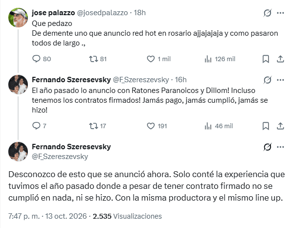 El intercambio de mensajes entre Palazzo y Szeresevsky en la red social X.