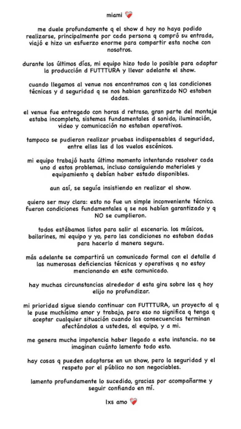 El comunicado que Tini publicó tras la cancelación del show.&nbsp;