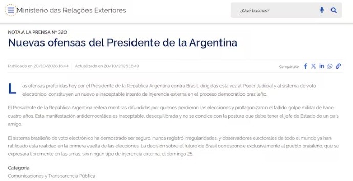 El comunicado de la Cancillería brasileña.&nbsp;