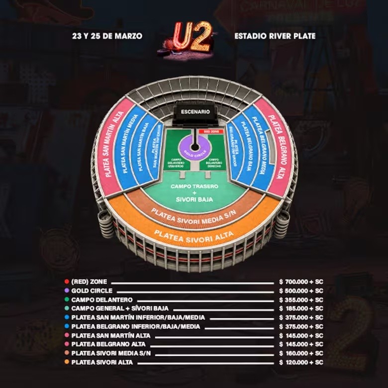 Los precios y ubicaciones de las entradas para ver a U2 en River.